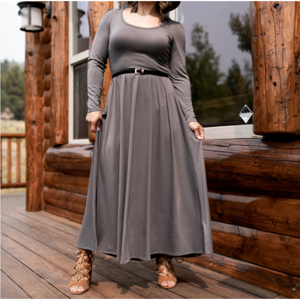 LulaRoe Gray Stretch Ryane Midi Dress Long Sleeve Aline Casual Scoop Neck Jersey